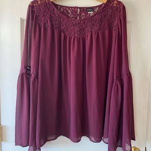 Wine Red Lace and Chiffon Blouse w/Bell sleeves